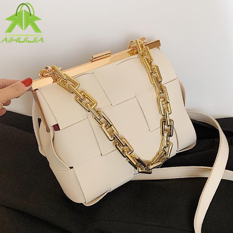 

Evening Bags Luxury Design Ladies Weave Crossbody Bag 2021 Quality Pu Leather Thick Chain Shoulder Messenger Woman Handbag And Purse