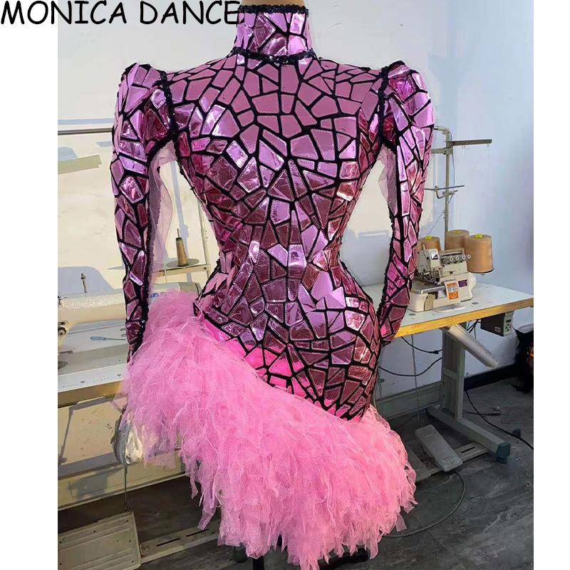 

Sexy Shining Rose Pink Mirrors Sequins Dress Evening Party Wear Singer Birthday Celebrate Dance Casual Dresses