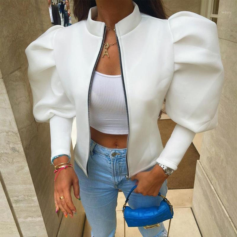 

Women' Jackets Fall Clothes For Women Clothing Zipper Zip Up Puff Sleeve Streetwear Coat Slim Fit Outwear Stripes Stand Collar, White