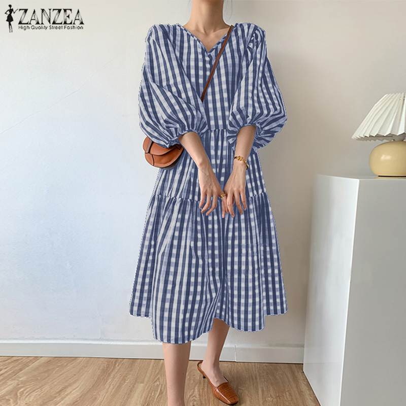 

Stylish Summer Check Mid-Calf Dress ZANZEA Womens Puff Sleeve Sundress Vestidos Female V neck Casual Robe Femme Plus Size 5XL 7, Black