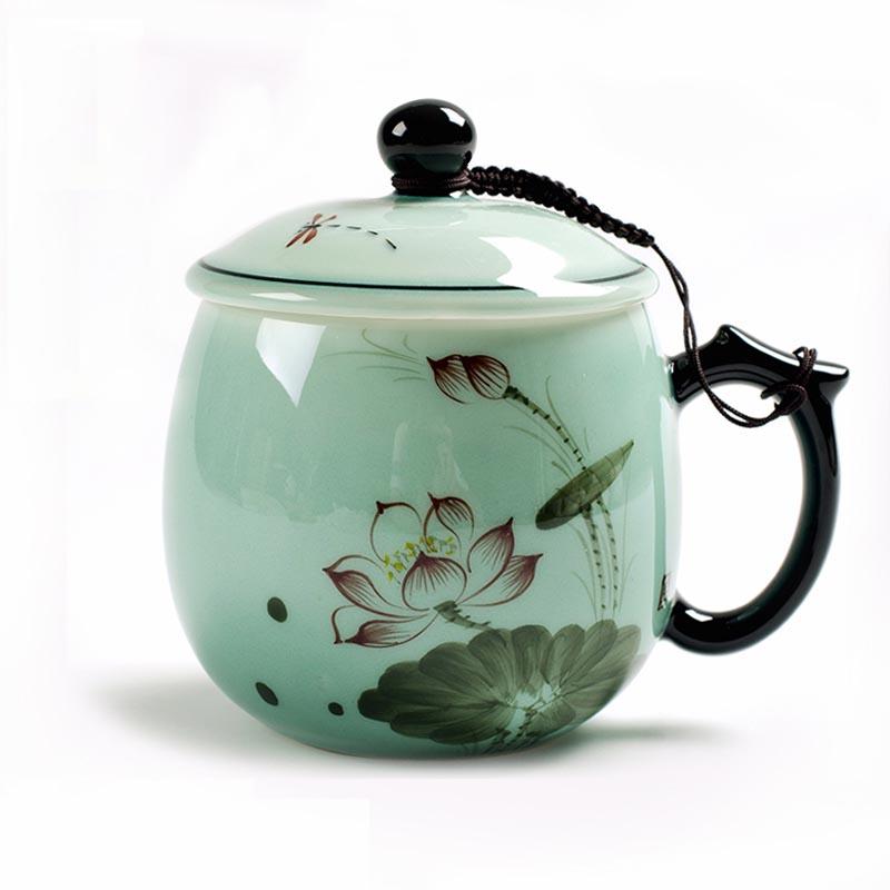 

Mugs 430ML Blue And White Porcelain Peach Blossom Ceramic Filter Master Tea Set Teacup Office Milk Coffee Mug With Cover Family Gifts