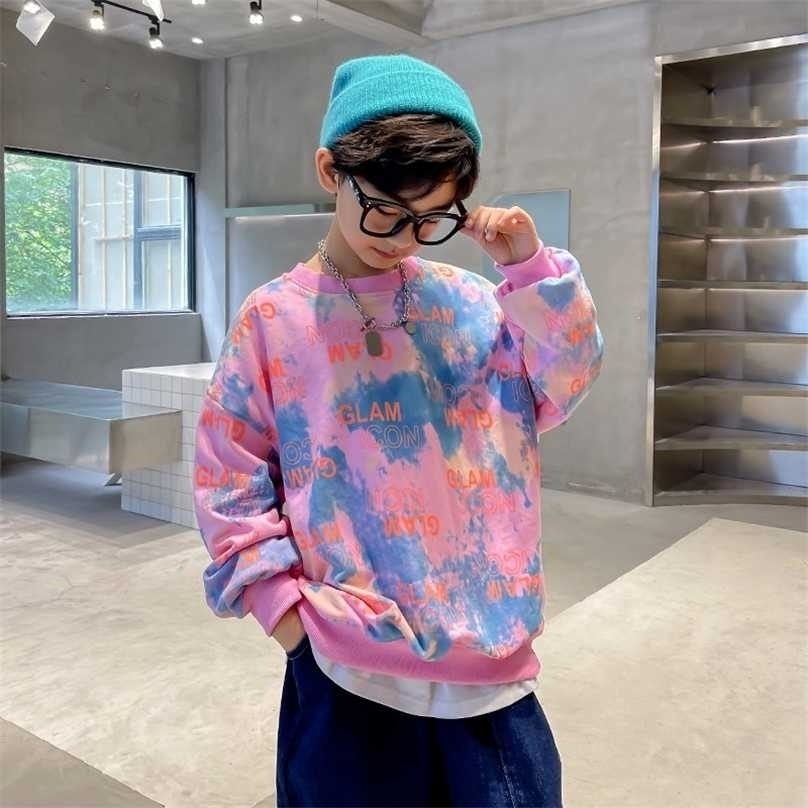 

Kids O-Neck Sweatshirt for Boy Tie-Dye Print Causal Coat For Spring Autumn Children Long Sleeve Cotton T Shirt Age 5-14T 211110, Black