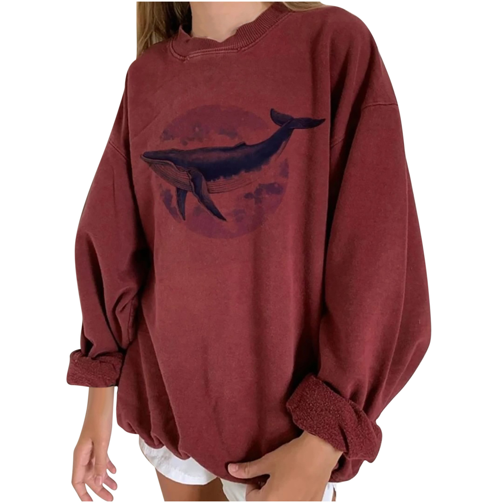 

Women Retro Pullover Sweatshirt Tops Whale Printing Long Sleeve Round Neck Loose Casual Jumper Femme