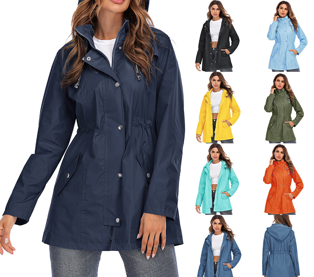 

Womens Jackets Hooded Waterproof Windproof Zipper Raincoat Women Spring Vintage Casual Oversized Slim Long Coat Female Clothes, Royal blue