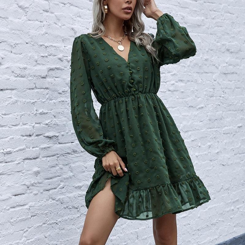 

Casual Dresses 2021 Spring And Summer Female V-neck Waist Solid Color Little All-match Dress Woman P, Black;gray