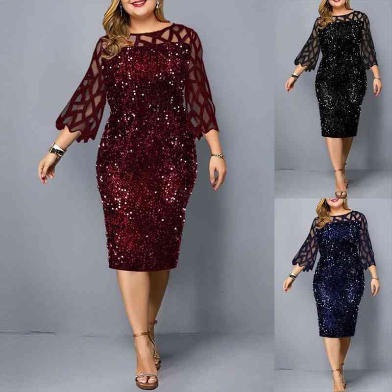

womens dresses sequin plus size summer dress elegant mesh sleeve birthday party dress wedding evening night club bodycon, Black;gray
