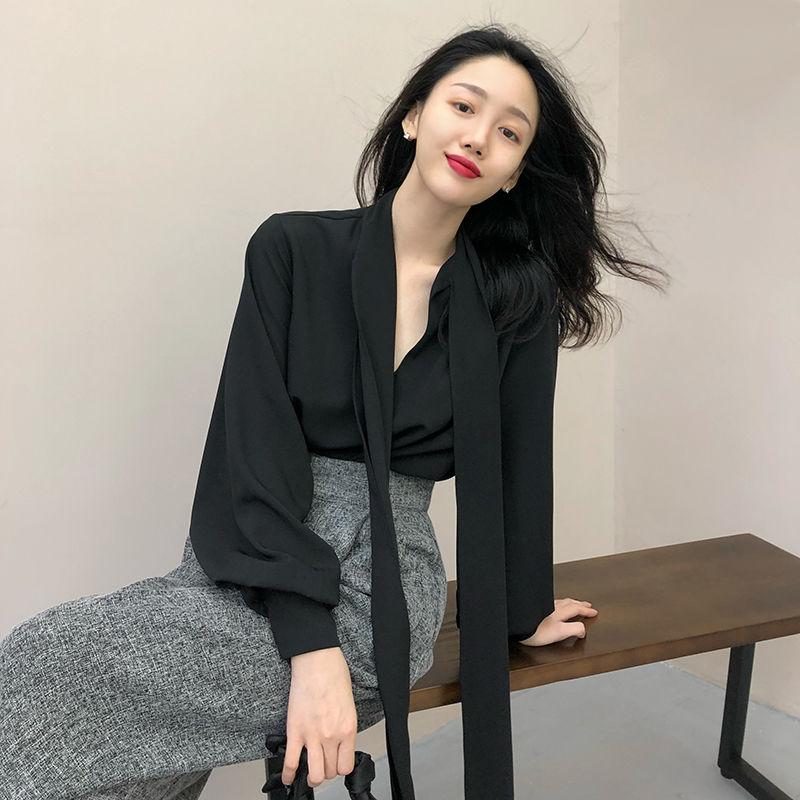 

Women' Blouses & Shirts Women 2021 Spring Autumn Fashion Solid Color Loose Female Long Sleeve Lace-up Ladies Pullover V-Neck V848, Black