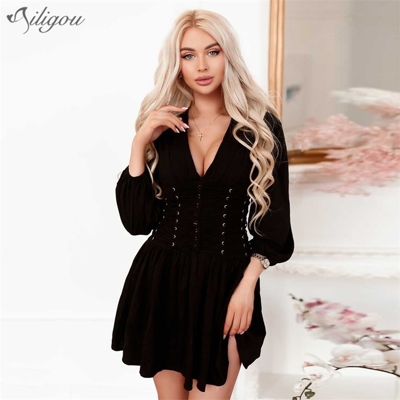 

Summer Fashion White Black Dress Cross Tie Design Puff Sleeve Sexy V-neck Celebrity Party Club Mini 210525