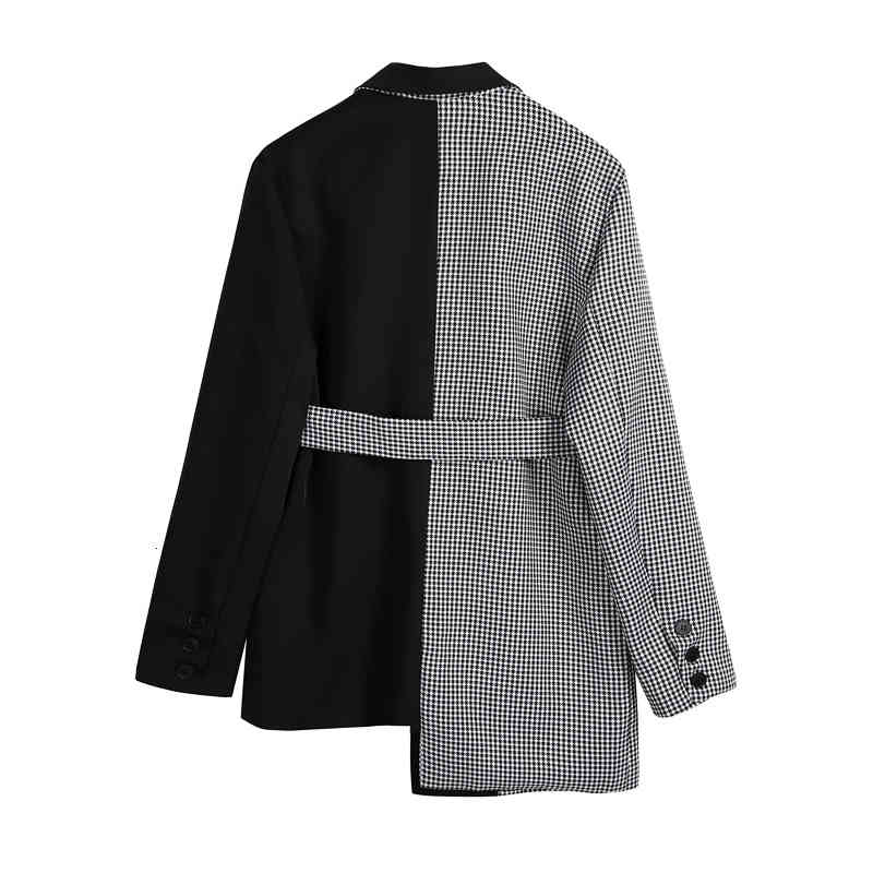 

Women' Leather & Faux ragged blazer jacket with belt Korean fall plaid shreds streetwear only breasted sleeve long lady blazers 9UCJ, 1# shoe box