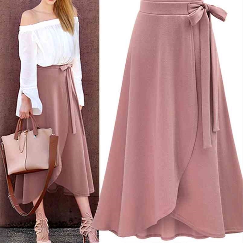 

Chiffon Pink Ruffle Women's Long Skirt High Waist Bowtie Split Irregular Maxi Skirts Ladies Spring Winter Office Clothes Female 210708, Black