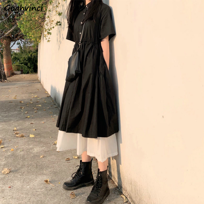 

Short Sleeve Dress Women Summer Patchwork Fake-two Pieces Turn-down Collar Harajuku Buttons Elegant Slender Stylish Lace-up Chic, Black