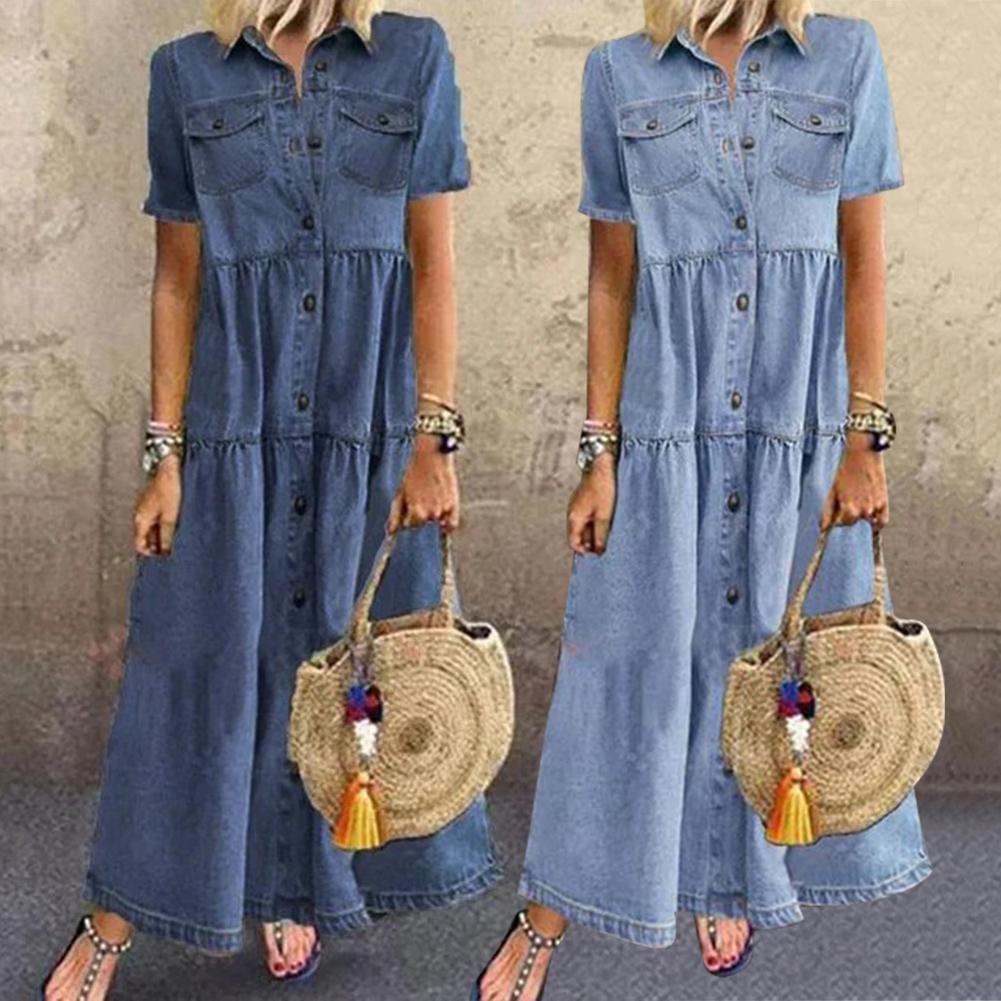 Woman Clothes Denim Dress Summer Retro Women Short Sleeve Turn Down Collar Pockets Buttons Long Loose Denim Dresses Plus Size-image-681384765