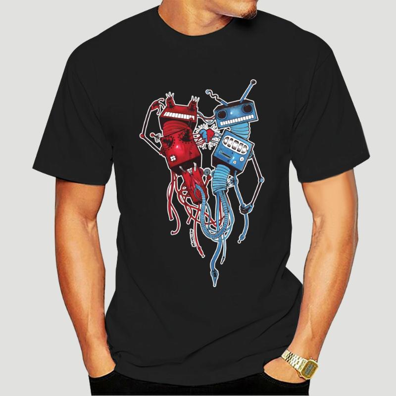 

Men's T-Shirts Mens White T-Shirt With Crazy Rusty Robots Connected From The Heart Design Gym Tee Shirt 8198D, Redmenxry730