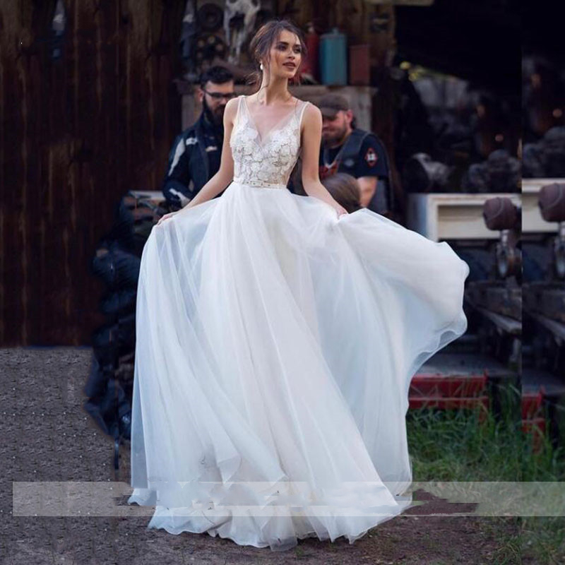 

Summer Boho Long Wedding Dresses Bridal Gowns Sexy Backless Straps Tulle Lace Vestido De Novia A Line Bride Dress, Light yellow