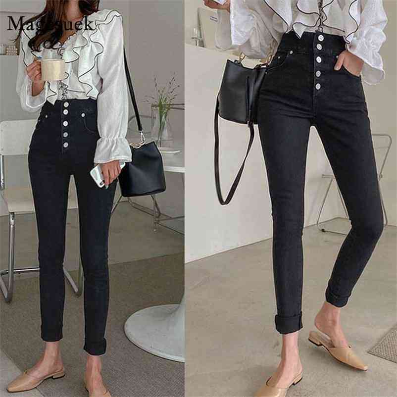 

One-Breasted High-Waist Slim-Looking Skinny Pants Autumn Black Tight Trousers Jeans Women's Korean-Style Pantalon 11570 210518