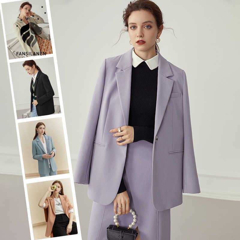 

FANSILANEN Multicolour autumn winter casual blazer Women office lady black jacket oversize Female purple coat 210607, Apricot