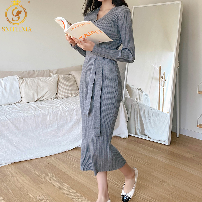 

Women Sweater Dresses Sexy V Neck Pullover Tops Slim Long Sleeve Female Jumper with Belt OL Ladies Pull Femme 210520, Photo color