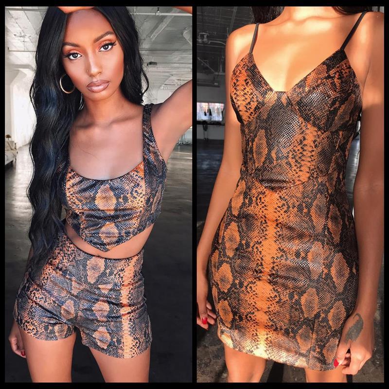 

snake skin spaghetti strap women tracksuits sleeveless plunge cocktail party patchwork mini dress and tank shorts sets, Gray