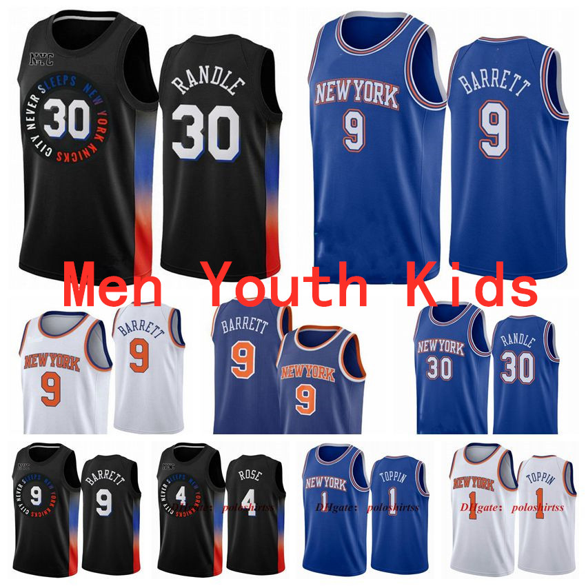 

New YorkKnicksBasketball Jersey RJ 9 Barrett 1 Toppin Julius 30 Randle 4 Rose Jerseys 2021 Men Kids Youth Black White S-XXXL, As photo