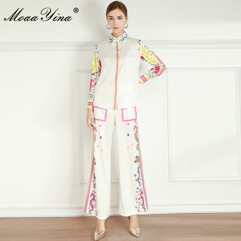 

Fashion Designer Set Spring Women's Long sleeve Blouses Tops+Bell-bottoms Indie Folk Print Two-piece suit 210524, White