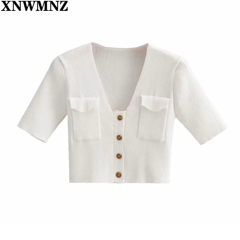 

Women Fashion Pockets Button-up Knitted Cropped Blouses Vintage V Neck Short Sleeve Female Shirts Blusas Chic Tops 210520, Ivory