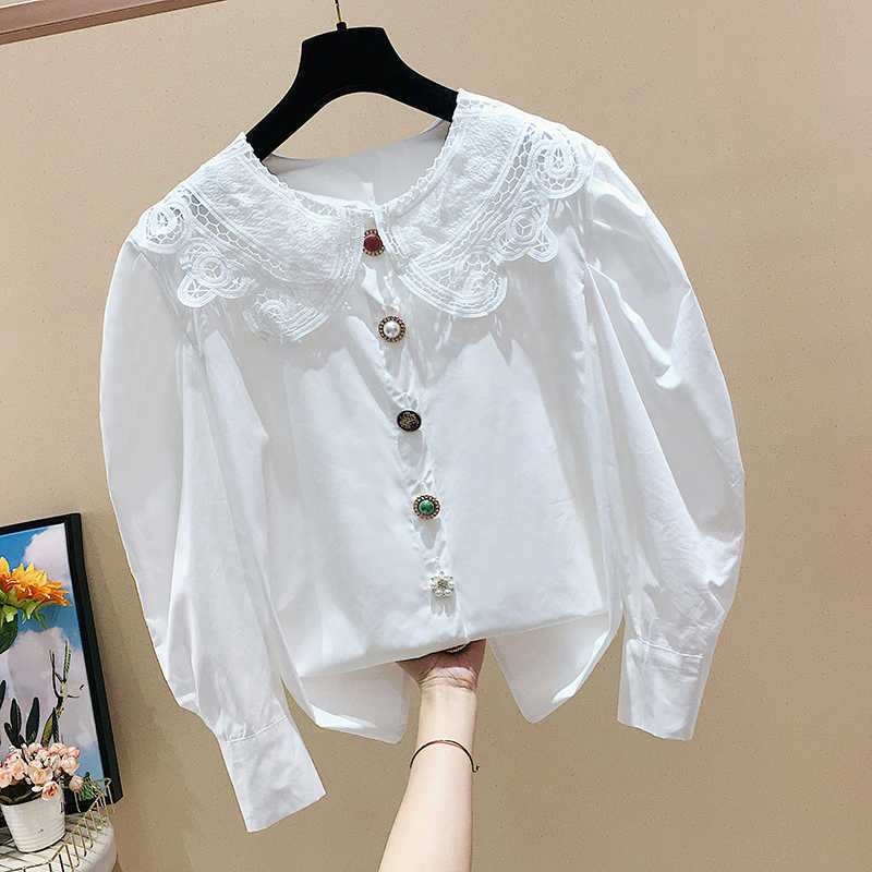 

French Sweet Solid Retro Lace Peter Pan Collar Puff Sleeve Shirt Spring Women Blouses 210615, White