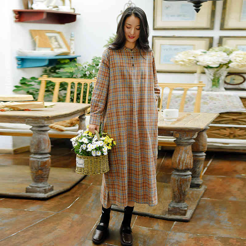 

Johnature Women Plaid Shirt Dresses Loose O-Neck Long Sleeve Robes Spring Cotton Linen Original Female Vintage Dresses 210521, Coffee