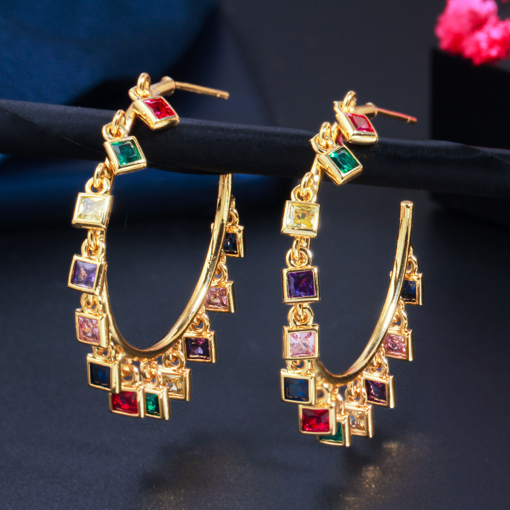

High End Luxury Chic Gold Color Rainbow CZ Big Circle Round Dangle Tassel Drop Charms Hoop Earrings for Women 2021 Boho Jewelry