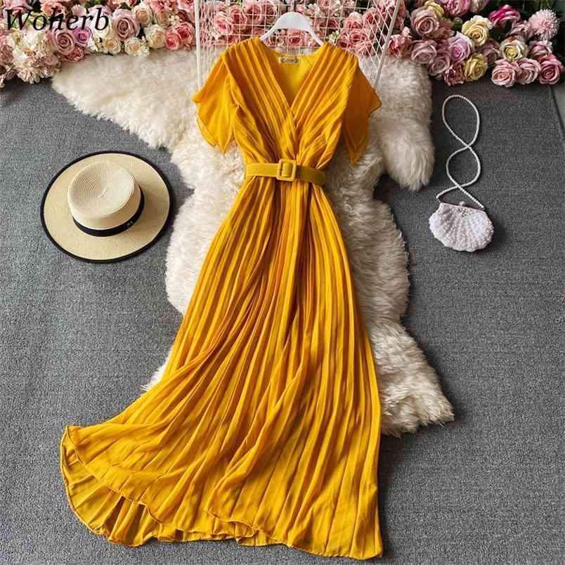 

Summer Solid V-neck Short-sleeved Vintage Belt Pleated Dress Women Sashes Office Lady Elegant Robe Slim Casual Dresses 210519, Yellow