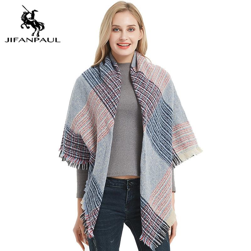 

Women Scarf Autumn And Winter Loop Yarn Thickening Double-sided Plaid Bristle Square Female Bib Shawl Scarves, Blue;gray