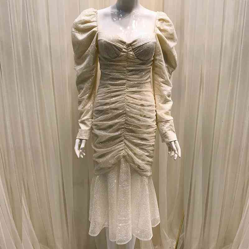 Casual Dresses Women Glitter Vintage Mermaid Midi Square Collar Long Sleeve Ruched Party T32M-image-702307734