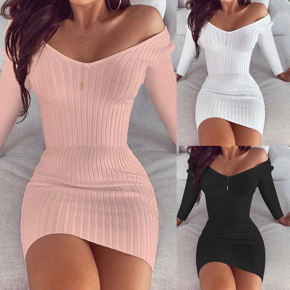 

Sexy Bodycon Mini Dress Women Spring Autumn Off Shoulder V-Neck High Waist Long Sleeve Solid Color Slim Wrap Hips Pencil Dresses 210526, White