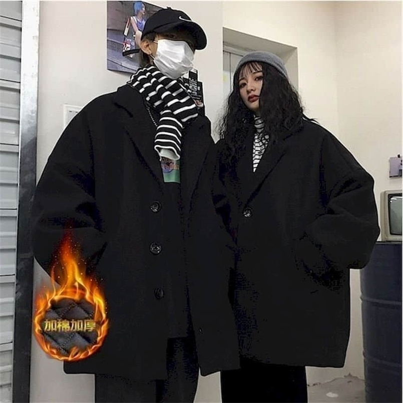 Cotton thick coat High Street female student autumn winter Korean loose men women Harajuku suits long black retro woolen coat 211104