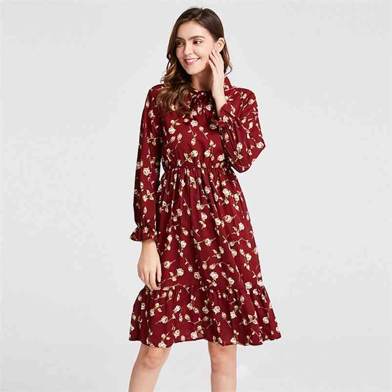 

Plus Size Women' Clothing Long Sleeve Chiffon Shirt Dresses For Women Red Bow Floral Club Party Autumn Winter Woman 210701, A20