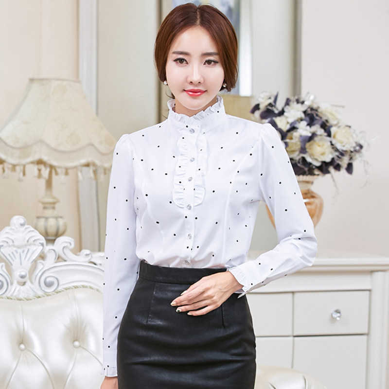 

Korean Women Shirts Chiffon White Long Sleeve Blouses Woman Ruffles Plus Size Dot Print Blouse 210604