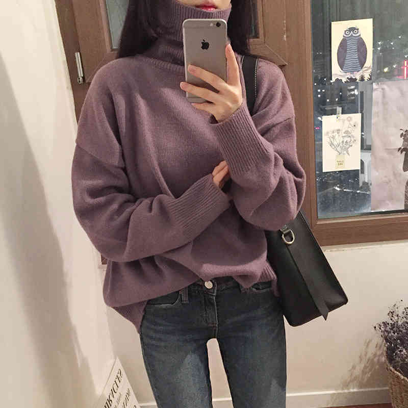 Turtleneck Winter Women Pullover Girls Tops Vintage Autumn Elegant Female Knitted Outerwear Warm Sweater Oversize 210417Z