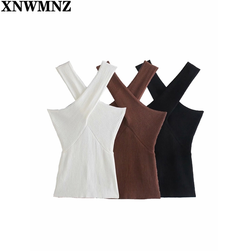 

Women Fashion Cross Shoulders Off-The-Shoulder Vest Knit Thin Section Solid Color Sleeveless Top Streetwear 210520, Black
