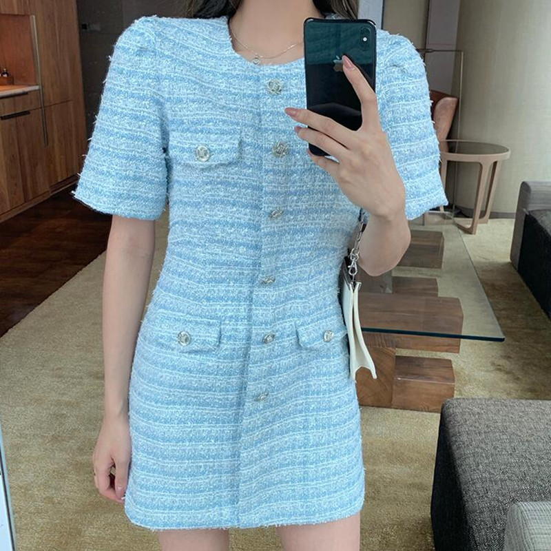 

ZAWFL Arrival Runway Luxury Tweed Ladies Beading Wool Blend Vintage Woolen Slim Elegant Women's Office Dress Vestidos 210525, Picture color