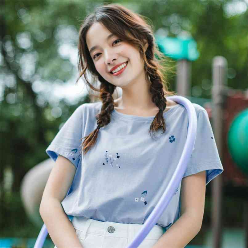 

INMAN Summer Lady Cute Kawaii Tops Round Collar 100% Cotton Art Small Fresh Floral Print Short Sleeves Women's Girl T-shirt 210708, Orange red