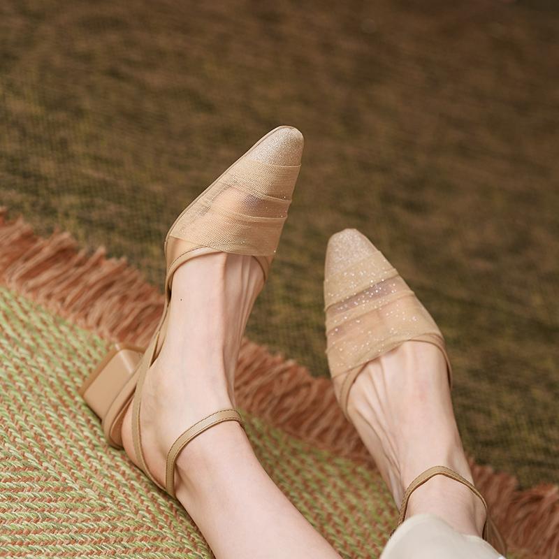 

Sandals 2021 Summer Women Pointed Toe Ankle Strap Mesh Ladies Shoes Lace Sandalias Mujer Med Heels Dress Slingback 9208L, Khaki