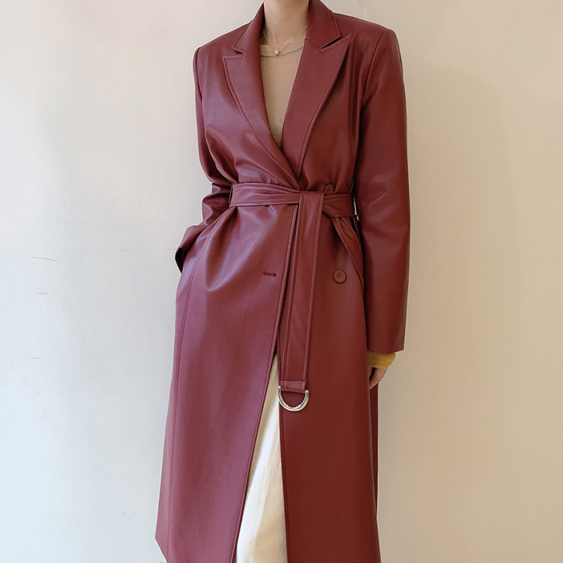 

women's leather & faux [ewq] coreano chique outono inverno temperamento lapela duplo breasted bandagem cintura fechamento mÃ©dio e longo, Black