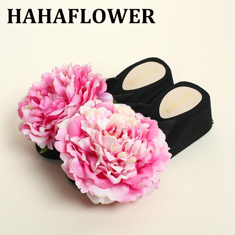

Slippers HAHAFLOWER Summer Peony Pink Beach Shoes Fashion Lady Sandals Flowers Increased Thick Bottom, Black