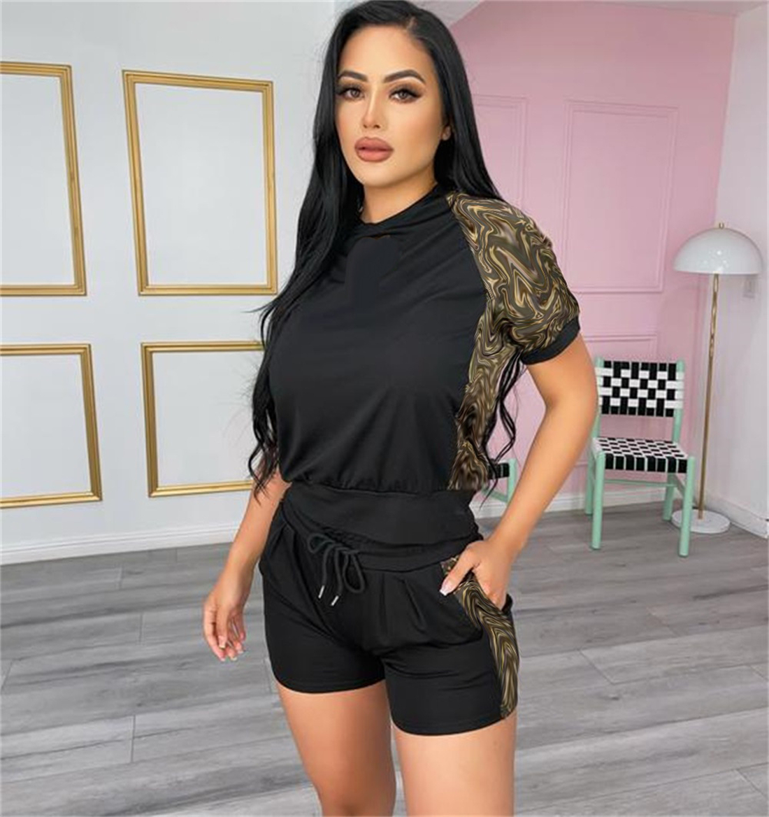 

European American Digital Printed Sexy Two Piece Sets Women' Tracksuits Top And Pencil Pants Casual Sweatsuit Set, J2495-l-black