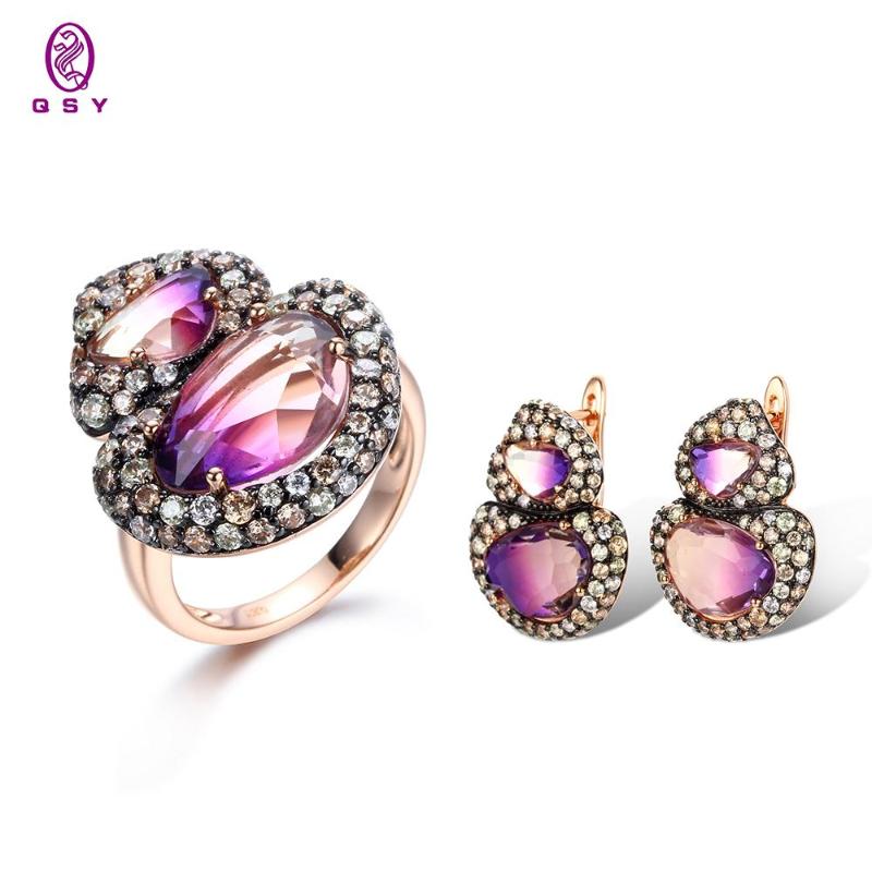 

Earrings & Necklace 2021 Trend Purple Double Rings For Women Jewelry Set Gift Wedding Anniversary Provide, Silver