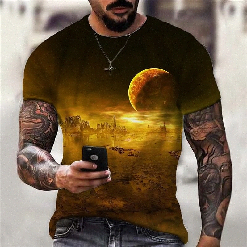 T-shirt Hommes 3D Imprimer Graphic Moon Crêle Équipe Daily Sports Print Housses à manches courtes Casual Classic Designer Grand et grand Jaune J9
