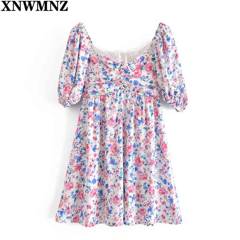 

Sexy Lace Trim Print Floral Dress Women Puff Sleeve A Line Mini Holiday Party Dresses Female Summer Chic Vestidos 210520, Multi