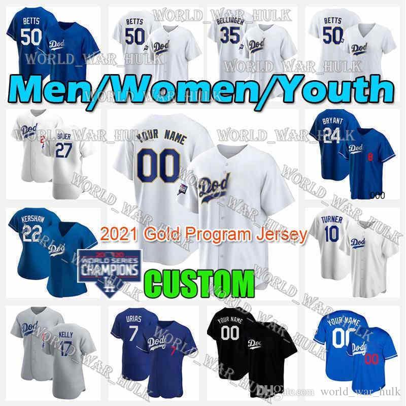 

Los Angeles Baseball Dodgers Jersey Mookie Betts 7 Julio Urias Corey Seager Trevor Bauer Custom 2021 World Series Gold Program Men Women Kid, Blue;black