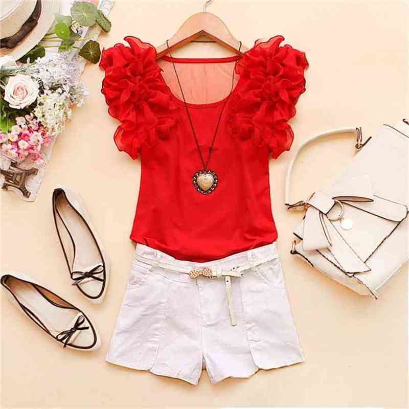 

Cotton Casual Sexy Ruffles Short Sleeve Plus Size T Shirts Women Fashion Solid Loose Spring Summer All-Match Top Ladies 210720, Top only