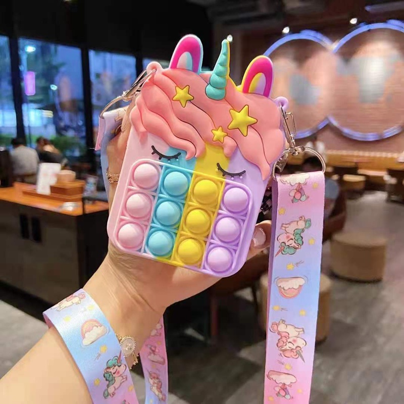 

New Pop Fidget Toy Sensory Silicone Push Bubble Stationery Storage Bag Unicorn Cartoon Popite Decompression Coin Purse 0665