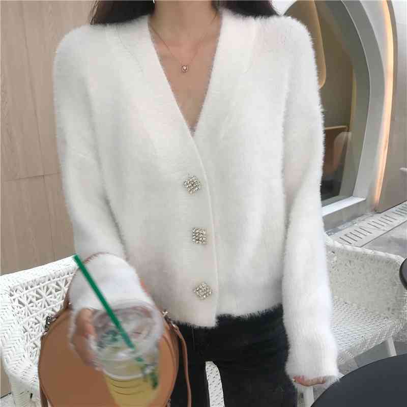 

Women Diamonds Button Sweater Autumn Knitted Coat Ladies Long Sleeve V Neck Cardigan Korean Single Breasted Fluffy Sweaters 210602, Beige
